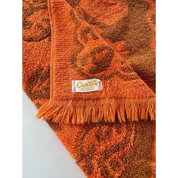 Vintage 70s small bath towel, orange & brown, plush, reversible, fringed - Picture 4 of 9